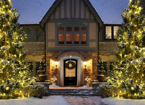 Front yard of house with decorative holiday lights on pine trees in winter