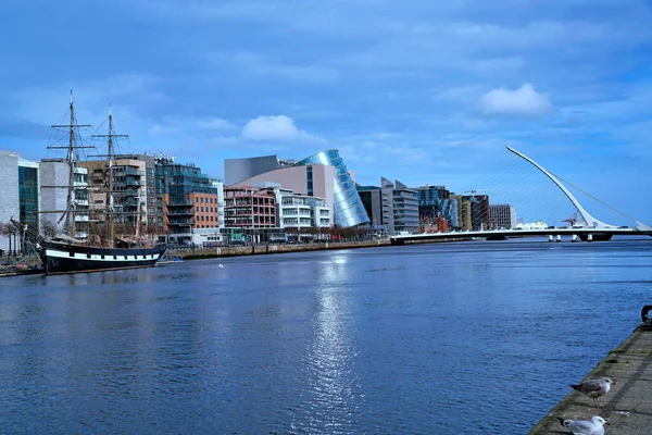 stock image View of the River Liffey in Dublin with modern buildings near the restored docklands area