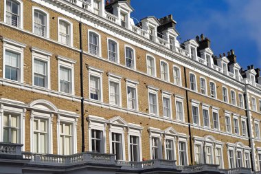 Londra, İngiltere 'de beyaz pencere çerçeveli sarı tuğlalı apartmanlar