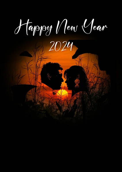 Happy New Year 2024 drawing on black foreground with silhouette of human faces. 2024 New year greetings.