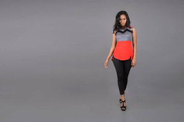 Genç, güzel bir Hintli kadın modelin gündelik kıyafetleriyle stüdyo fotoğrafı. Kırmızı ve gri tasarımcı bluzu ve beyaz arka planda siyah kot pantolon giyiyor. Kadın manken. Moda Portresi.