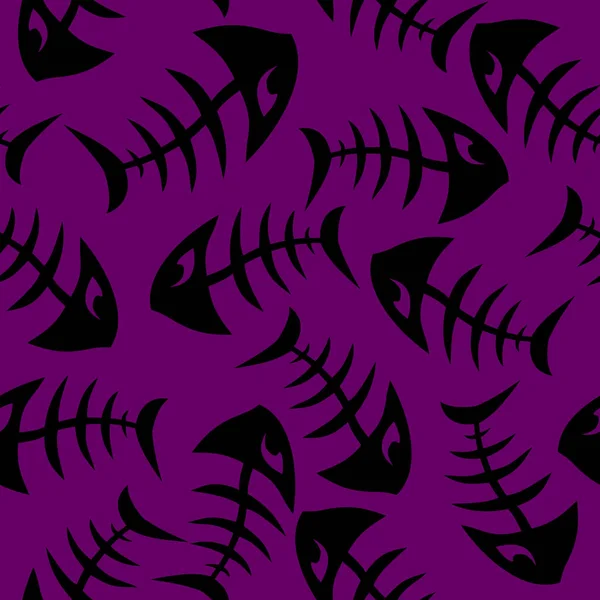 紫色の背景 デザイン上の黒い魚の骨格の明るいシームレスなパターン — ストックベクタ