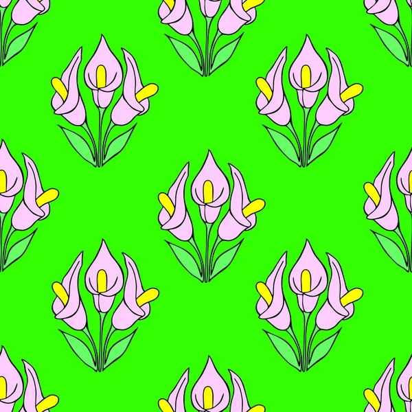 Yeşil Arkaplan Doku Tasarım Üzerinde Pembe Çiçeklerin Simetrik Pürüzsüz Deseni — Stok Vektör