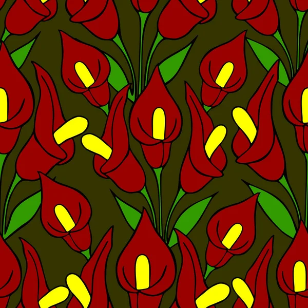 Симметричный Бесшовный Узор Красных Цветов Зеленом Фоне Текстура Дизайн — стоковый вектор