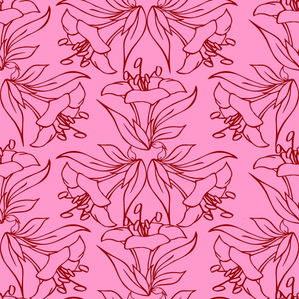 ピンクの背景に大きな赤いグラフィックの花のシームレスな輪郭パターン テクスチャ デザイン — ストックベクタ