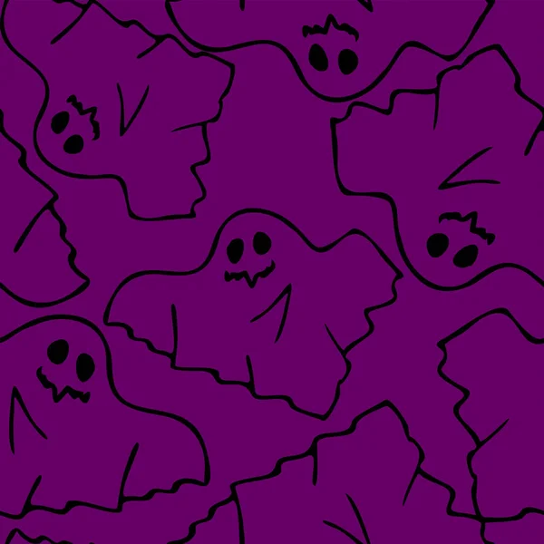 紫色の背景 デザインに黒い幽霊を飛ぶグラフィックのシームレスな輪郭パターン — ストックベクタ