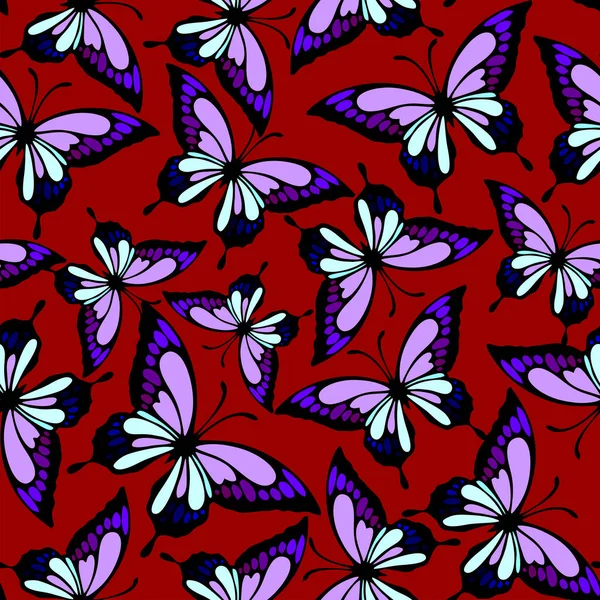 Zökkenőmentes Minta Fényes Pillangók Lila Tónusú Egy Piros Háttér Textúra — Stock Vector