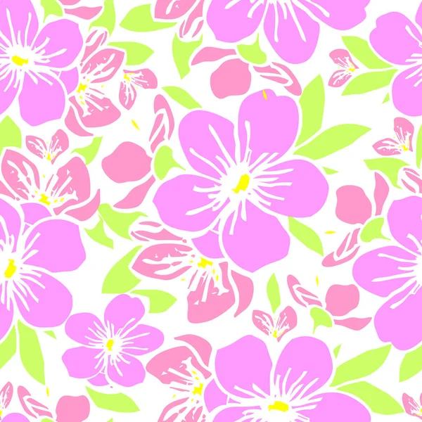 白い背景にピンクの花のシルエットのシームレスなパターン テクスチャ デザイン — ストックベクタ