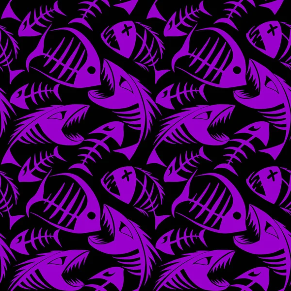 Bright Seamless Pattern Purple Graphic Fish Skeletons Black Background Texture — ストックベクタ