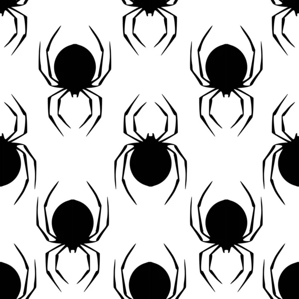 白い背景 デザイン上の黒いクモのグラフィックシルエットのシームレスな輪郭パターン — ストックベクタ