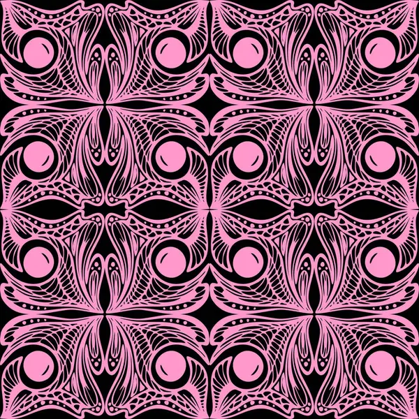 Seamless Graphic Abstract Tile Pattern Pink Geometric Ornament Black Background — Vetor de Stock