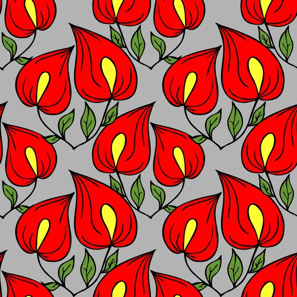 Nahtloses Muster Aus Roten Großen Exotischen Blumen Mit Schwarzem Umriss — Stockvektor