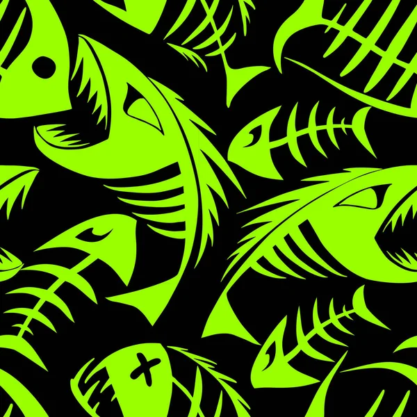 Bright Seamless Pattern Green Graphic Fish Skeletons Black Background Texture — Stock Vector