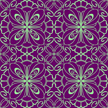 Kusursuz grafik desen, çiçekli açık yeşil süsleme eflatun arkaplan, doku, tasarım