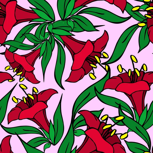 Бесшовный Асимметричный Графический Узор Красных Цветов Розовом Фоне Текстура Дизайн — стоковый вектор