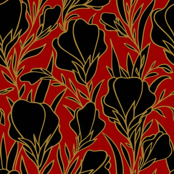 Kırmızı arka plan, doku ve tasarım üzerinde altın çizgili büyük siyah çiçeklerin kusursuz deseni.