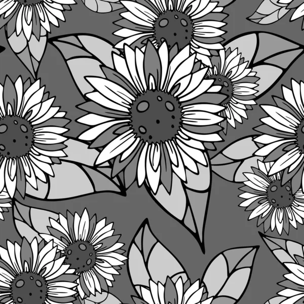 Helles Nahtloses Muster Großer Schwarzer Und Weißer Blütenstände Auf Grauem — Stockvektor