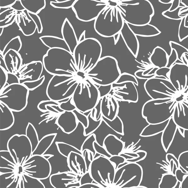 Seamless Pattern White Contours Flowers Gray Background Texture Design — Stock Vector