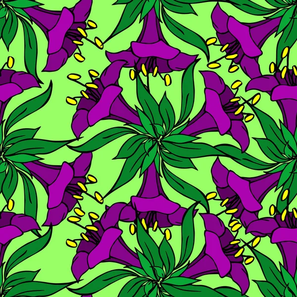 Бесшовный Узор Фиолетовых Больших Экзотических Цветов Черным Контуром Зеленом Фоне — стоковый вектор