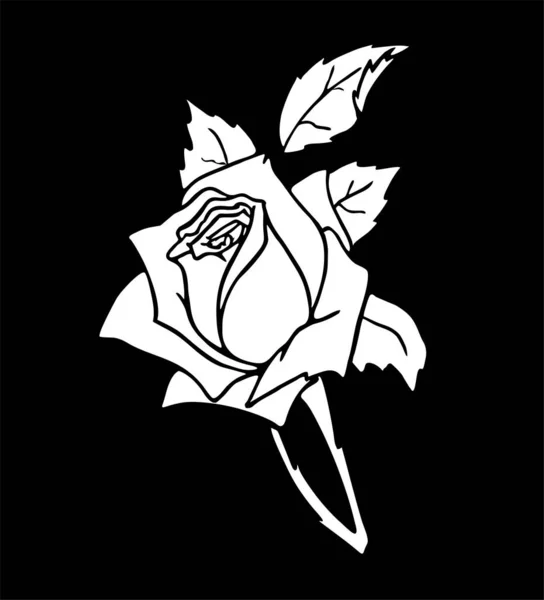 Λευκό Περίγραμμα Σχέδιο Ενός Μεγάλου Τριαντάφυλλου Λουλούδι Μαύρο Φόντο Απομονωμένο — Διανυσματικό Αρχείο