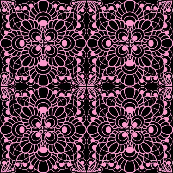 Seamless Graphic Pattern Floral Pink Ornament Tile Black Background Texture — Image vectorielle