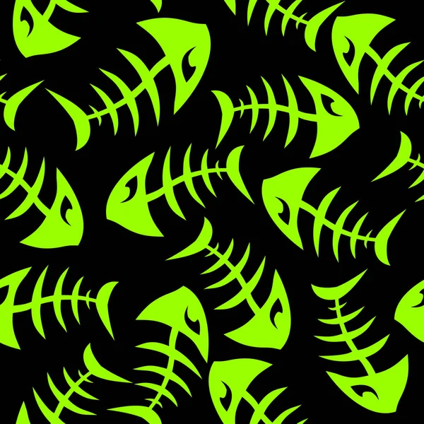 黒の背景 デザイン上の緑の魚の骨格の明るいシームレスなパターン — ストックベクタ