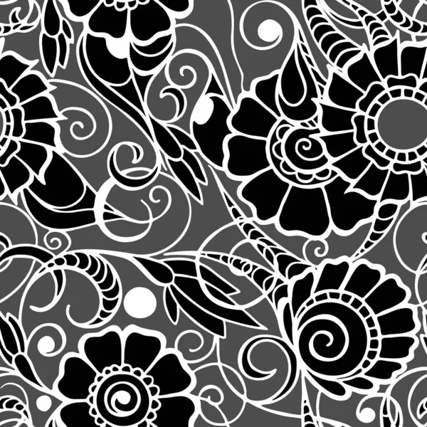 Nahtloses Muster Großer Schwarzer Blüten Mit Weißem Umriss Auf Grauem — Stockvektor