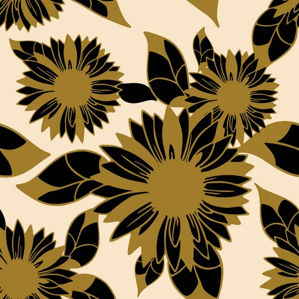 Seamless Pattern Large Black Flower Buds Golden Outline Beige Background — 图库矢量图片