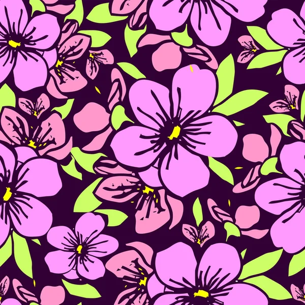 Seamless Pattern Pink Silhouettes Flowers Purple Background Texture Design — Stock Vector