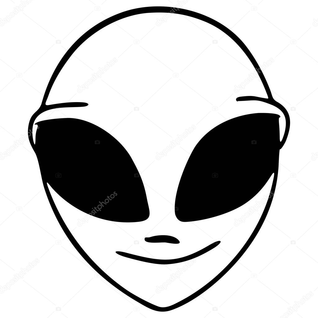 Black contour graphic drawing of an alien face on a white background, isolated element, decor