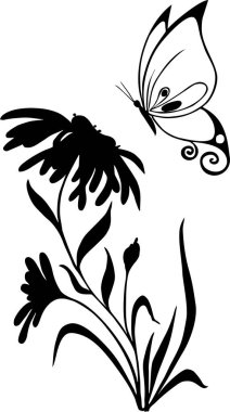 Uçan kelebekli bir papatya çiçeğinin silueti, izole edilmiş bir element, dekorasyon.