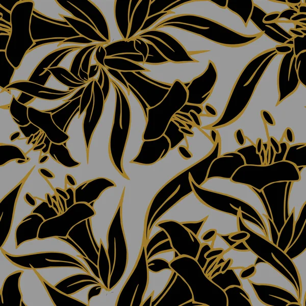 Nahtloses Muster Großer Schwarzer Blüten Mit Goldenem Umriss Auf Hellgrauem — Stockvektor