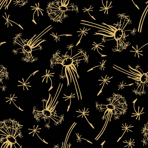 Nahtlose Grafische Muster Von Goldenen Löwenzahn Auf Schwarzem Hintergrund Textur — Stockvektor