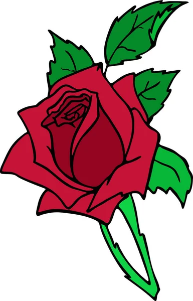 Kırmızı Çiçekli Yapraklı Gül Dalı Çizimi Izole Element Tasarım — Stok Vektör