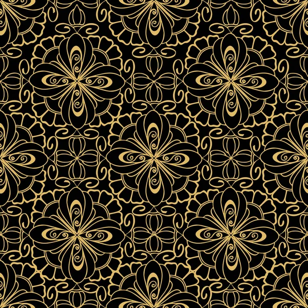 Seamless Graphic Abstract Tile Pattern Golden Geometric Ornament Black Background — Vetor de Stock