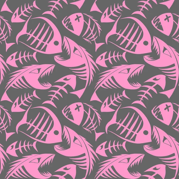 Яркий Бесшовный Узор Розовых Графических Рыбных Скелетов Сером Фоне Текстура — стоковый вектор