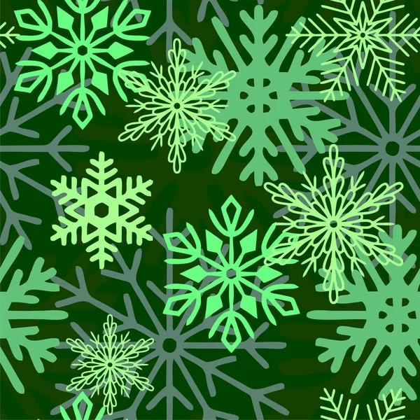 Padrão Assimétrico Sem Costura Flocos Neve Multicoloridos Fundo Verde Textura — Vetor de Stock
