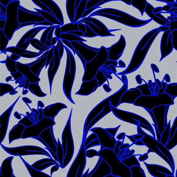 Bezszwowy Wzór Dużych Czarnych Kwiatów Niebieskim Obrysem Jasnoniebieskim Tle Faktura — Wektor stockowy