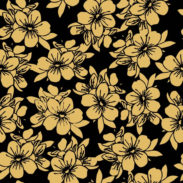 Siyah Arkaplan Doku Tasarım Üzerinde Kusursuz Altın Çiçek Silueti Deseni — Stok Vektör