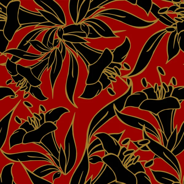 Motif Sans Couture Grandes Fleurs Noires Avec Contour Doré Sur — Image vectorielle