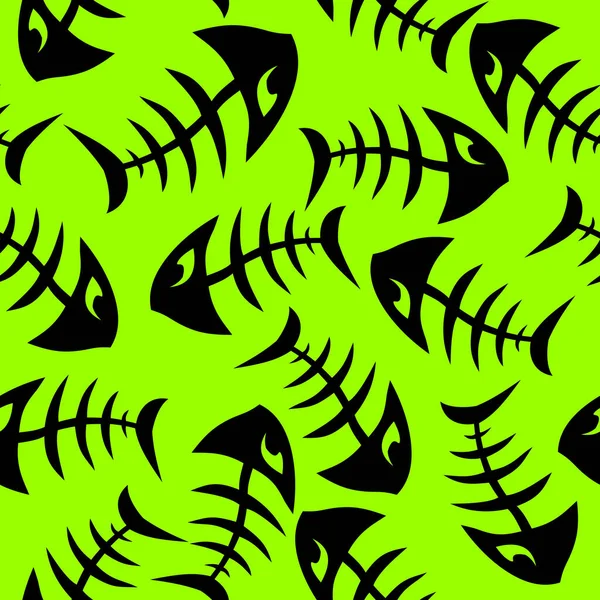 Яркий Бесшовный Узор Черных Графических Рыбных Скелетов Зеленом Фоне Текстура — стоковый вектор