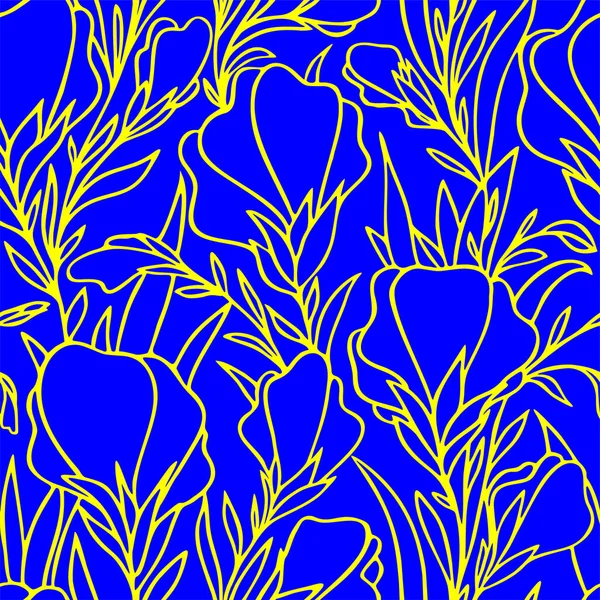 Простой Двухцветный Бесшовный Узор Желтых Больших Контуров Цветов Синем Фоне — стоковый вектор