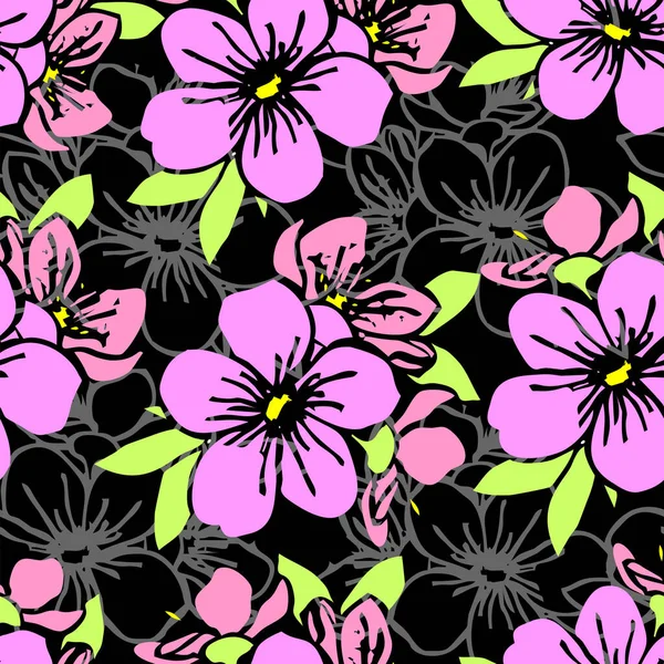 黑色背景 图案的粉红色剪影和灰色花朵轮廓无缝图案 — 图库矢量图片
