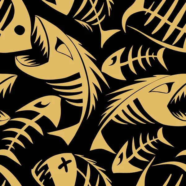 Яркий Бесшовный Узор Золотых Графических Рыбных Скелетов Черном Фоне Текстура — стоковый вектор