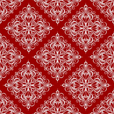 Kusursuz grafik desen, soyut geometrik beyaz süslemeli fayans kırmızı zemin, doku, tasarım