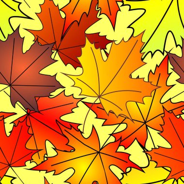 Sarı arka planda, akçaağaç sarı ve kırmızı yaprakların dikişsiz sonbahar deseni, dokusu, tasarımı