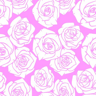 Pembe arka plan, doku ve dizayn üzerinde beyaz gül siluetlerinin kusursuz grafik deseni