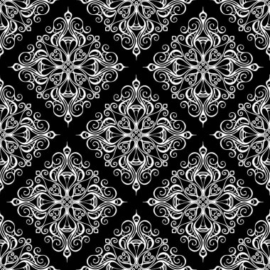 Kusursuz grafik deseni, soyut geometrik beyaz süslemeli siyah arkaplan, doku, tasarım