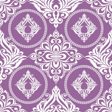 Kusursuz grafik deseni, soyut geometrik beyaz süslemeli, mor arkaplan, doku, tasarım
