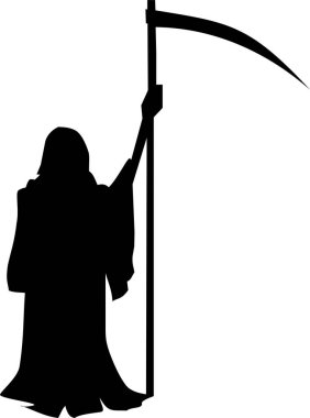 Beyaz zemin üzerinde tırpan olan siyah ölüm silueti, izole element, logo, tasarım